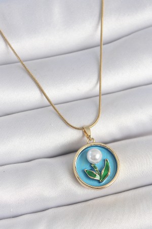 316L Çelik Gold Renk Zincir Mavi Mineli İncili Çiçek İşlemeli Portre Model Kadın Kolye - TJ-BKO10168 316L Çelik Gold Renk Zincir Mavi Mineli İncili Çiçek İşlemeli Portre Model Kadın Kolye - TJ-BKO10168