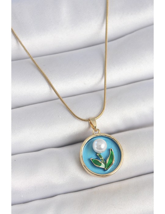 316L Çelik Gold Renk Zincir Mavi Mineli İncili Çiçek İşlemeli Portre Model Kadın Kolye - TJ-BKO10168