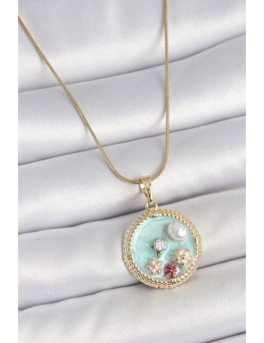 316L Çelik Gold Renk Zincir Mavi Mineli İnci Çiçek İşlemeli Zirkon Taş Detaylı Madalyon Model Kadın Kolye - TJ-BKO10174
