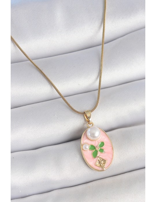 316L Çelik Gold Renk Zincir Pembe Mineli Oval İncili Çiçek İşlemeli Portre Model Kadın Kolye - TJ-BKO10176