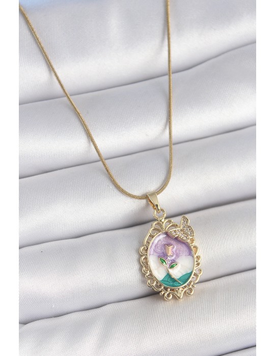 316L Çelik Gold Renk Zincir Mix Renk Mineli Çiçek İşlemeli Zirkon Taş Detaylı Portre Model Kadın Kolye - TJ-BKO10184