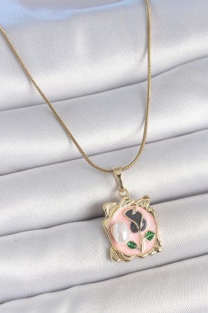 316L Çelik Gold Renk Zincir Pembe Mineli Çiçek İşlemli İnci Detay Portre Model Kadın Kolye - TJ-BKO10185 316L Çelik Gold Renk Zincir Pembe Mineli Çiçek İşlemli İnci Detay Portre Model Kadın Kolye - TJ-BKO10185