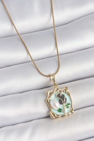 316L Çelik Gold Renk Zincir Mavi Mineli Çiçek İşlemeli İnci Detay Portre Model Kadın Kolye - TJ-BKO10186 316L Çelik Gold Renk Zincir Mavi Mineli Çiçek İşlemeli İnci Detay Portre Model Kadın Kolye - TJ-BKO10186