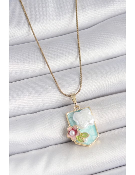 316L Çelik Gold Renk Zincir Mavi Mineli İncili Çiçek İşlemeli Portre Model Kadın Kolye - TJ-BKO10187