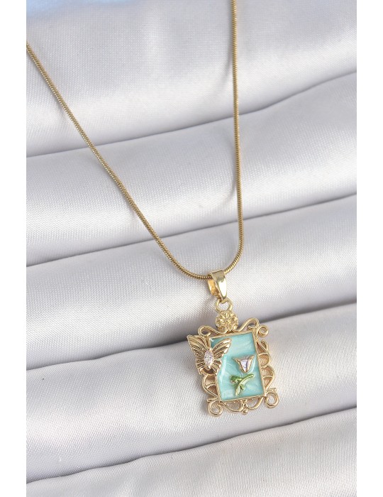 316L Çelik Gold Renk Zincir Mavi Mineli Çiçek İşlemeli Zirkon Taşlı Detay Portre Model Kadın Kolye - TJ-BKO10189