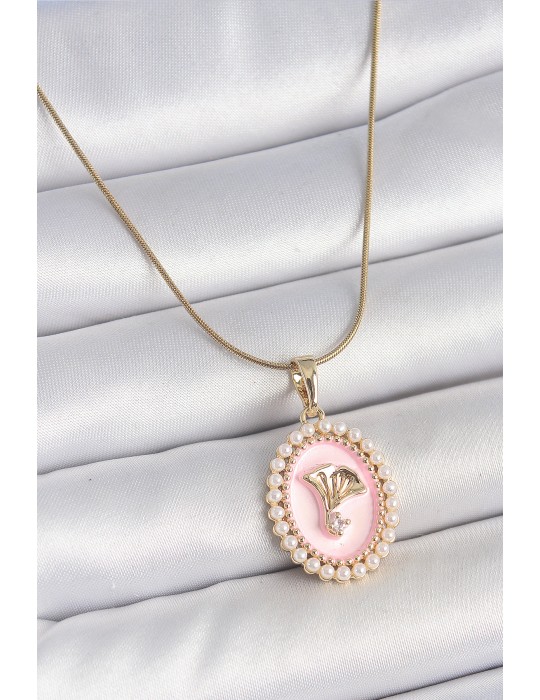 316L Çelik Gold Renk Zincir Pembe Mineli İncli Zirkon Taşlı Çiçek İşlemeli Portre Model Kadın Kolye - TJ-BKO10194