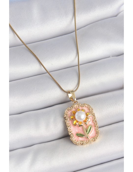 316L Çelik Gold Renk Zincir Pembe Mineli İncli Papatya Model Portre Model Kadın Kolye - TJ-BKO10197