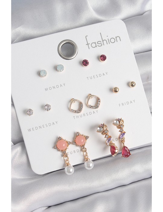 Pirinç Gold Renk Zirkon Taşlı Sallantı İnci Detay 7 Çift Kadın Küpe - TJ-BKP10534