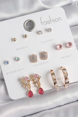 Pirinç Gold Renk Zirkon Taşlı Çiçek Figür İncili Halka Figür 7 Çift Kadın Küpe Seti - TJ-BKP10537 Pirinç Gold Renk Zirkon Taşlı Çiçek Figür İncili Halka Figür 7 Çift Kadın Küpe Seti - TJ-BKP10537