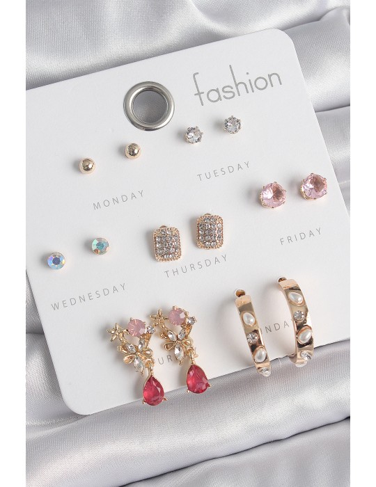 Pirinç Gold Renk Zirkon Taşlı Çiçek Figür İncili Halka Figür 7 Çift Kadın Küpe Seti - TJ-BKP10537