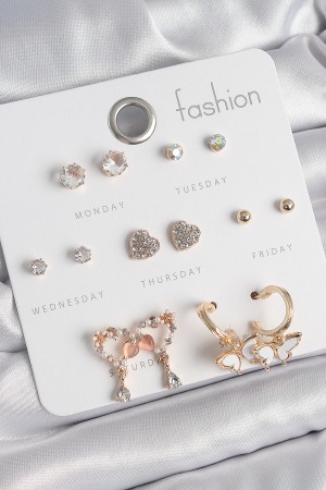 Pirinç Gold Renk Zirkon Taşlı Sallantılı Kalp Figür Detay 7 Çift Kadın Küpe Seti - TJ-BKP10539