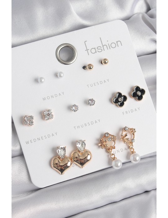 Pirinç Gold Renk Zirkon Taşlı Kalp Figür Siyah Yonca Detay 7 Çift Kadın Küpe Seti - TJ-BKP10541