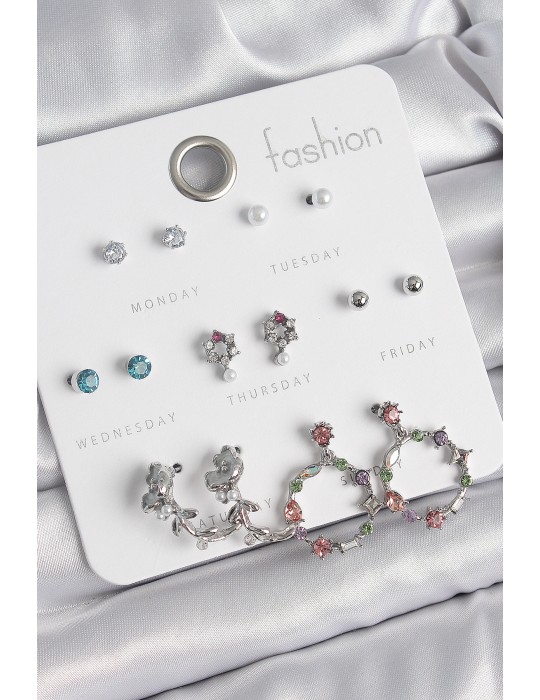 Pirinç Gümüş Renk Zirkon Taşlı Gül Figür Halka Model 7 Çift Kadın Küpe Seti - TJ-BKP10544