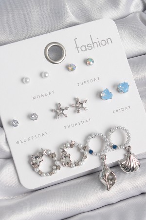 Pirinç Gümüş Renk İncli Zirkon Taşlı Halka Figür Yıldız Detay 7 Çift Kadın Küpe Seti - TJ-BKP10547