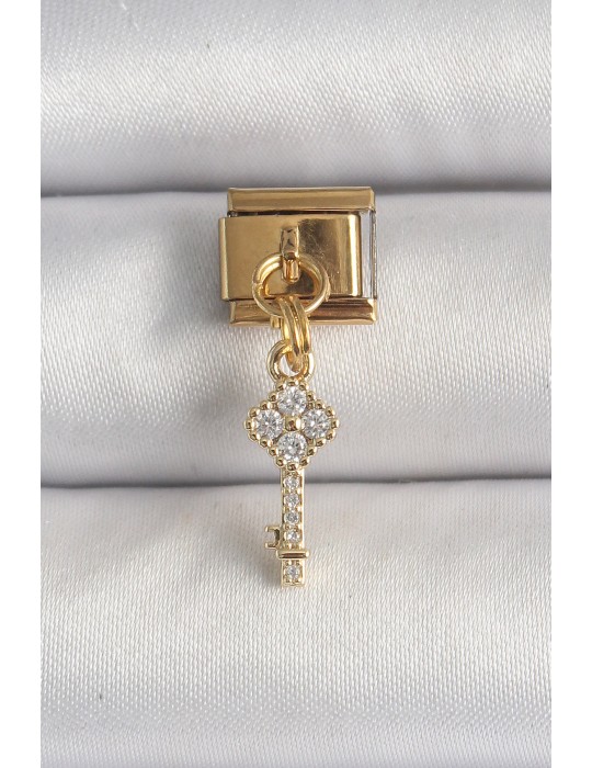 316L Çelik Gold Renk Sallantı Zirkon Taşlı Anahtar Model Nomination Charm - TJ-BC1338