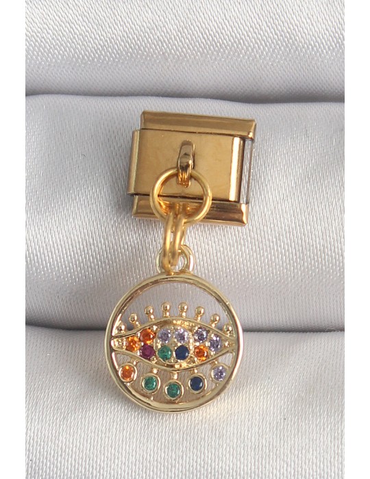 316L Çelik Gold Renk Sallantı Renkli Zirkon Taşlı Göz Model Nomination Charm - TJ-BC1346