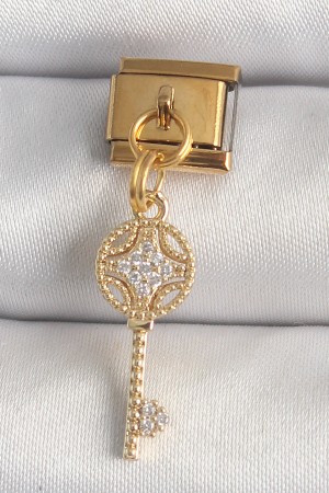 316L Çelik Gold Renk Sallantı Zirkon Taşlı Anahtar Model Nomination Charm - TJ-BC1347