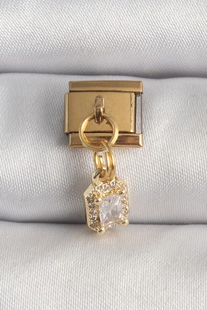 316L Çelik Gold Renk Sallantı Zirkon Taşlı Kare Model Nomination Charm - TJ-BC1348