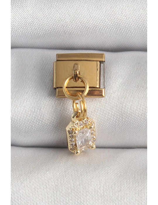316L Çelik Gold Renk Sallantı Zirkon Taşlı Kare Model Nomination Charm - TJ-BC1348