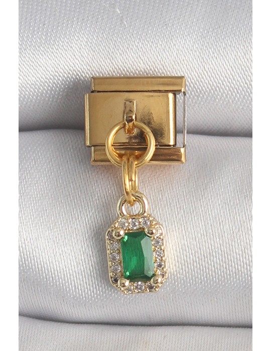 316L Çelik Gold Renk Sallantı Kare Yeşil Zirkon Taşlı Nomination Charm - TJ-BC1352