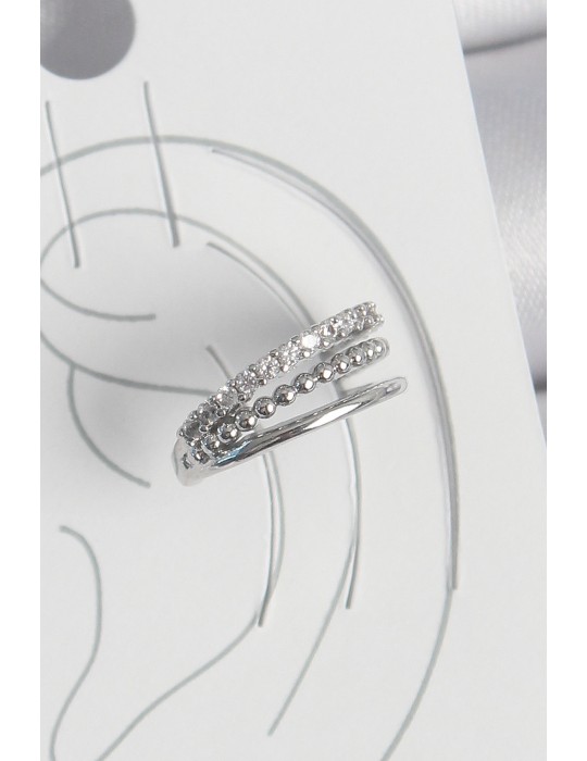 Pirinç Gümüş Renk Zirkon Taşlı 3'Lü Sıralı Model Kadın Kıkırdak Küpe - TJ-BKP10555