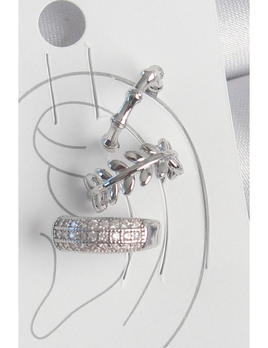 Pirinç Gümüş Renk Zirkon Taşlı 3'Lü Model Yaprak Figür Kadın Kıkırdak Küpe - TJ-BKP10564