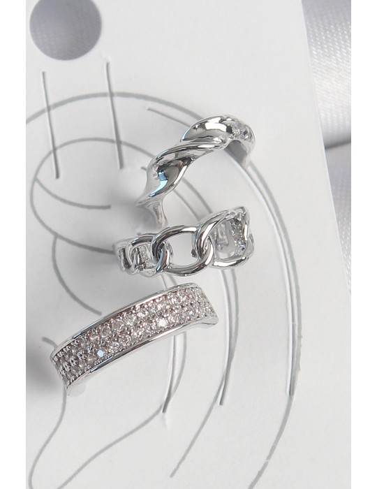 Pirinç Gümüş Renk Zirkon Taşlı 3'Lü Zincir Sarmal Model Kadın Kıkırdak Küpe - TJ-BKP10565