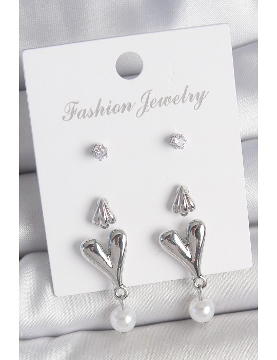 Pirinç Gümüş Renk Zirkon Taşlı Sallantılı Kalp Model 3 Çift Kadın Küpe Seti - TJ-BKP10590