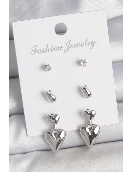 Pirinç Gümüş Renk Zirkon Taşlı Sallantılı Kalp Model 3 Çift Kadın Küpe Seti - TJ-BKP10592