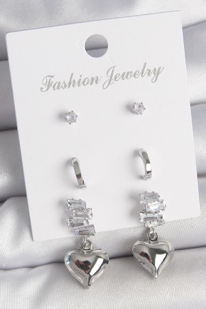 Pirinç Gümüş Renk Zirkon Taşlı Sallantılı Kalp Model Yarım Halka Detay 3 Çfit Kadın Küpe Seti - TJ-BKP10594 Pirinç Gümüş Renk Zirkon Taşlı Sallantılı Kalp Model Yarım Halka Detay 3 Çfit Kadın Küpe Seti - TJ-BKP10594