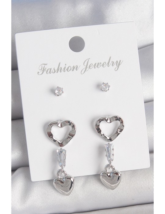 Pirinç Gümüş Renk Zirkon Taş Detaylı Sallantı Model 2 Çift Kadın Küpe Seti - TJ-BKP10595