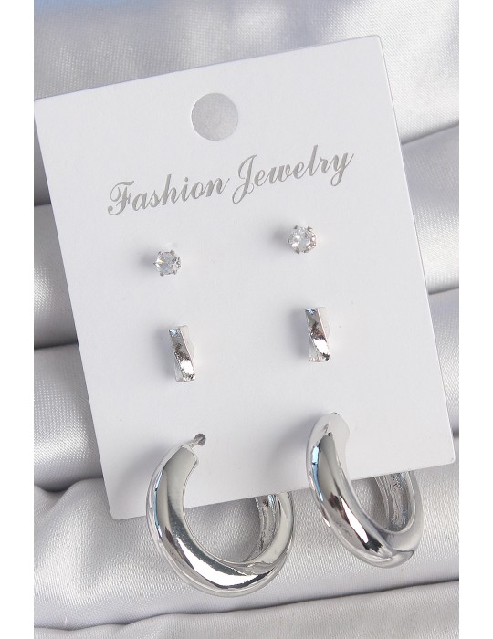 Pirinç Gümüş Renk Zirkon Taş Detay Halka Model 3 Çift Kadın Küpe Seti - TJ-BKP10598