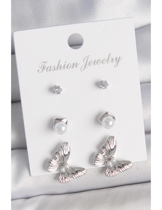 Pirinç Gümüş Renk Zirkon Taşlı İnci Detaylı Model 3 Çift Kadın Küpe Seti - TJ-BKP10602