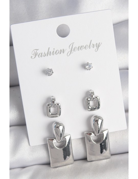 Pirinç Gümüş Renk Zirkon Taş Detay Sallantılı Kare Model 3 Çift Kadın Küpe Seti - TJ-BKP10603