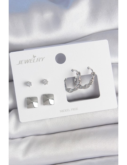 Pirinç Gümüş Renk Zirkon Taşlı Burgu Halka Model Kare Detay 3 Çift Kadın Küpe Seti - TJ-BKP10605