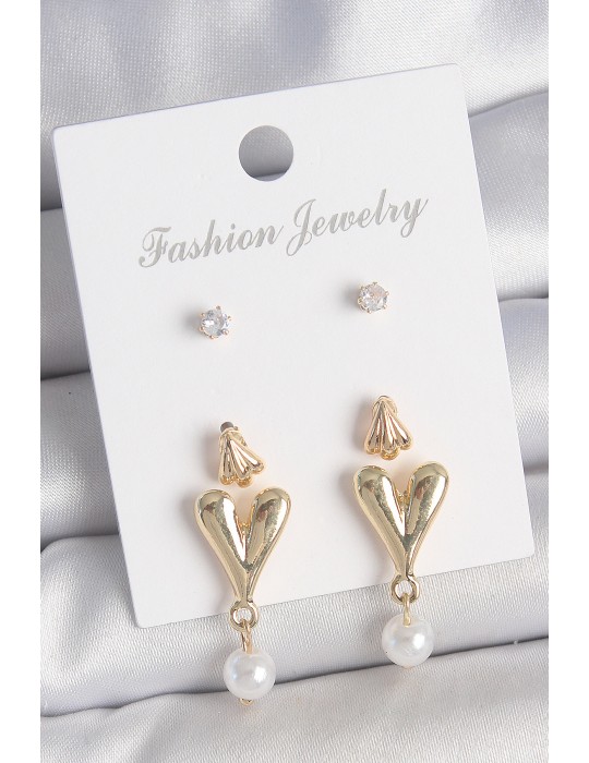 Pirinç Gold Renk Zirkon Taşlı İncili Sallantılı Kalp Model 3 Çift Kadın Küpe Seti - TJ-BKP10608