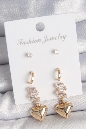 Pirinç Gold Renk Zirkon Taşlı Sallantılı Kalp Model Yarım Halka Detay 3 Çift Kadın Küpe Seti - TJ-BKP10612