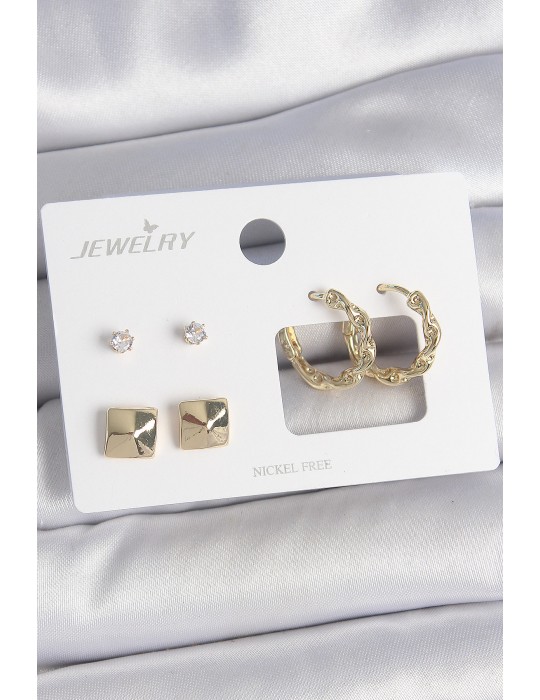 Pirinç Gold Renk Burgu Halka Model Zirkon Taşlı Kare Detay 3 Çift Kadın Küpe Seti - TJ-BKP10623