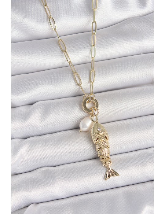 İnci Detaylı Zirkon Taşlı Balık Figürlü Gold Renk Pirinç Kolye - TJ-BKO10214