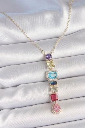 Gold Karışık Renk Zirkon Taşlı Y Pirinç Kolye - TJ-BKO10225 Gold Karışık Renk Zirkon Taşlı Y Pirinç Kolye - TJ-BKO10225