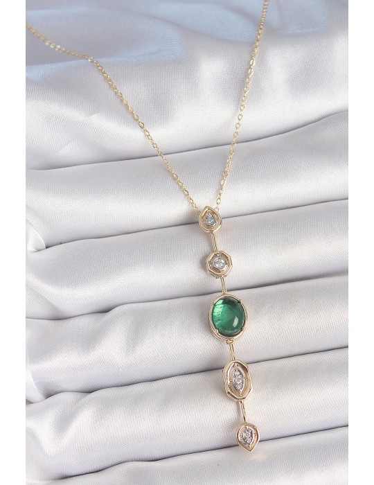 Pirinç Zincir Zümrüt Yeşil Gold Renk Zirkon Taşlı Y Kolye - TJ-BKO10229