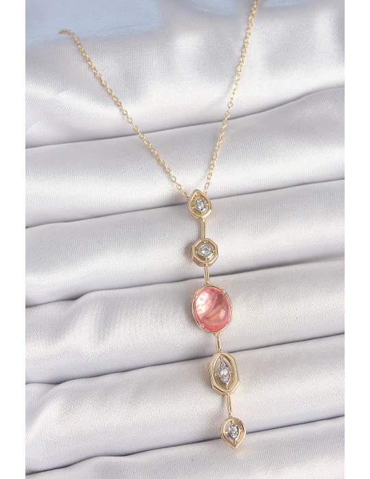 Pirinç Zincir Pembe Gold Renk Zirkon Taşlı Y Kolye - TJ-BKO10231