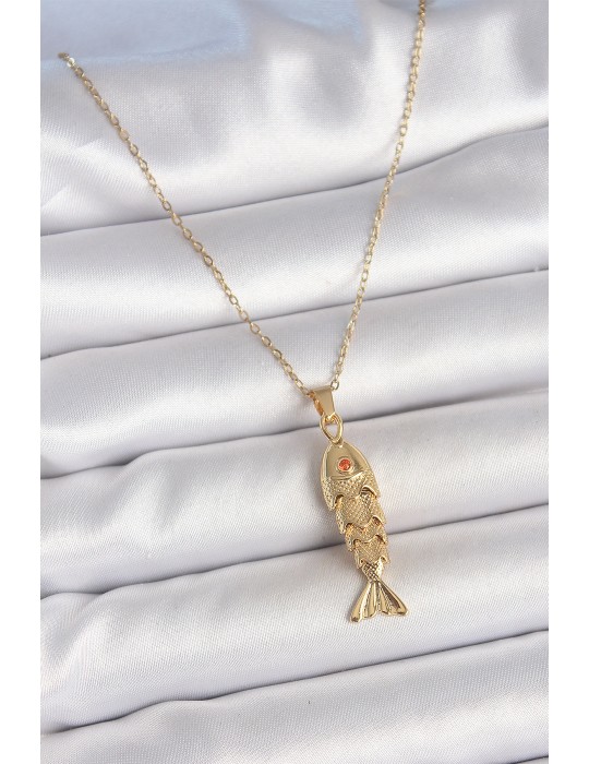 316L Çelik Zincir Gold Renk Zirkon Taşlı Balık Figürlü Kolye - TJ-BKO10234
