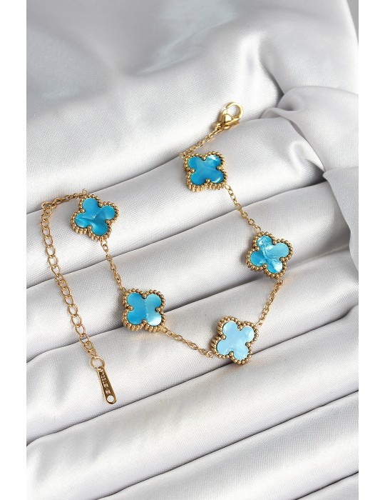 316L Çelik Sedefli Gökyüzü Mavisi Gold Renk Yonca Kadın Bileklik - TJ-BB6967