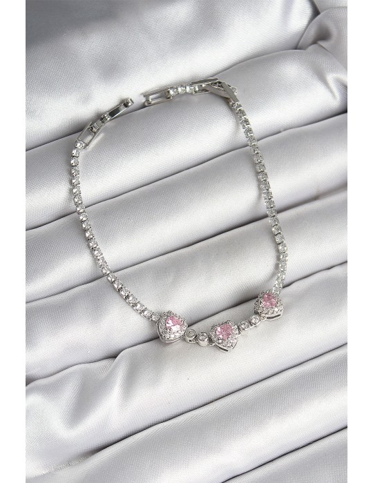 Pirinç Sıralı Pembe Kalp Figürlü Zirkon Taşlı Gümüş Renk Kadın Bileklik - TJ-BB6982