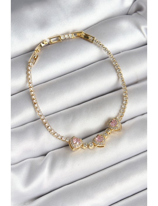 Pirinç Sıralı Pembe Kalp Figürlü Zirkon Taşlı Gold Renk Kadın Bileklik - TJ-BB6983