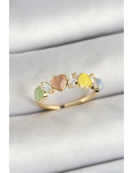 Pirinç Sıralı Kalp Figürlü Zirkon Taşlı Gold Renk Ayarlanabilir Kadın Yüzük - TJ-BYK3754