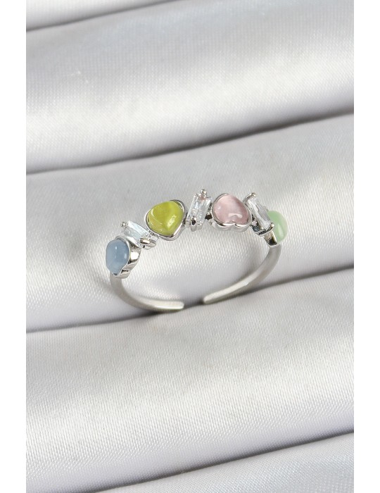 Pirinç Sıralı Kalp Figürlü Zirkon Taşlı Gümüş Renk Ayarlanabilir Kadın Yüzük - TJ-BYK3755