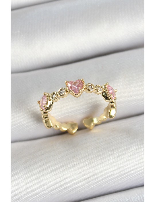 Pirinç Sıralı Kalp Figürlü Zirkon Taşlı Gold Renk Ayarlanabilir Kadın Yüzük - TJ-BYK3756