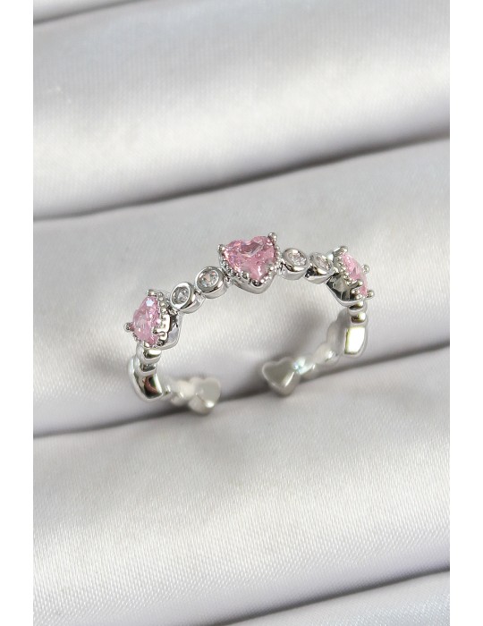 Pirinç Sıralı Kalp Figürlü Zirkon Taşlı Gümüş Renk Ayarlanabilir Kadın Yüzük - TJ-BYK3757